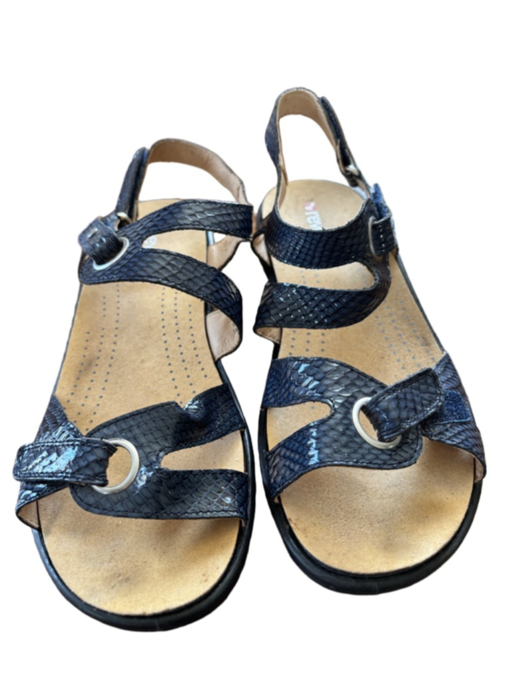 Women's Revere Navy Snake Print Sandals Size 9.5